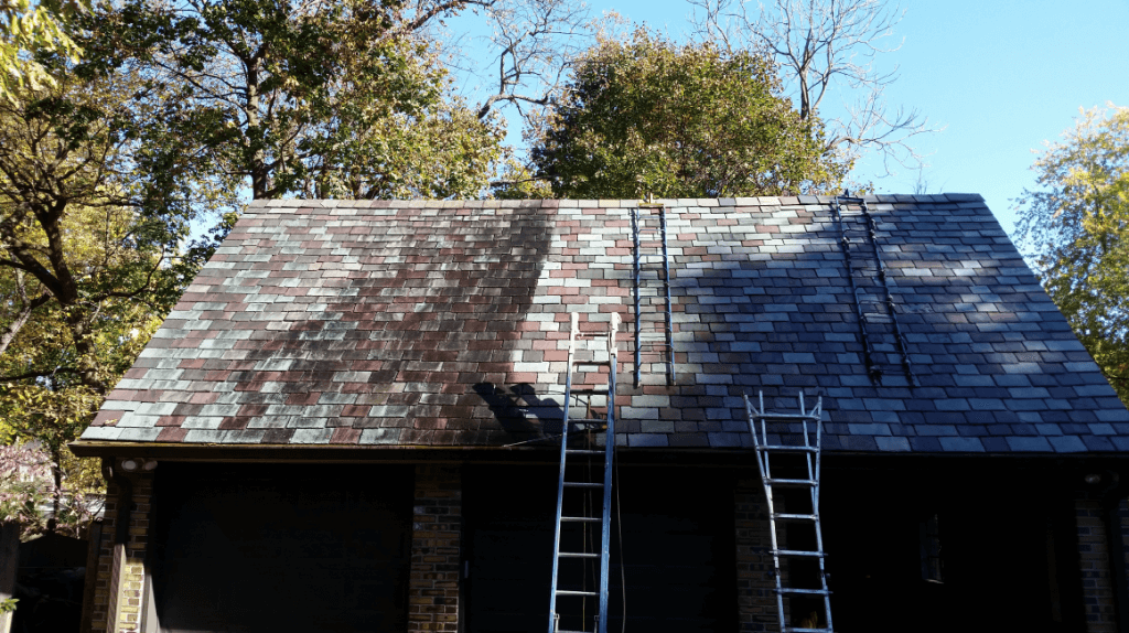 new england slate roof with ladders