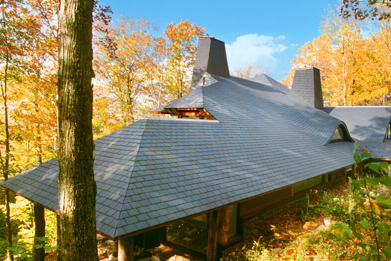 Black slate roofing with foliage in background